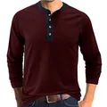Detail shot of a men's vintage heavyweight cotton long sleeve Henley shirt in burgundy. - Burgundy