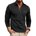Polo de manga larga para hombre en negro con bolsillo y costuras blancas de contraste. - Negro