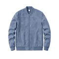 Detailed view of blue men's suede bomber jacket with zip closure and stand collar - Sky Blue