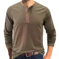 Premium men's heavyweight olive green cotton long sleeve Henley shirt for casual wear - S / Tops / Army Green