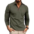 Polo de negocios casual para hombre de manga larga verde militar con bolsillo y cuello solapa - Verde Militar