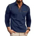 Sofisticado polo de manga larga azul marino para hombre con costuras en contraste - Azul zafiro