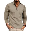 Polo de manga larga casual de negocios para hombre en caqui con bolsillo - Caqui