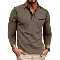 Polo casual para hombre de manga larga en color caqui con bolsillo y ribetes en contraste - Marrón