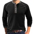 Premium men's retro heavy cotton long-sleeve Henley shirt in black and grey style - S / Tops / Black