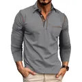Polo clásico gris de manga larga para hombre con solapa de negocios y bolsillo frontal - Gris Jaspeado Oscuro