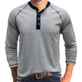 Men's retro heavyweight cotton grey long-sleeved Henley shirt with navy trim - S / Tops / Gray
