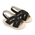 Vista detallada de sandalias para bebé con correas negras y suela beige suave - Negro