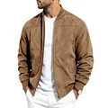 Casual men's brown faux suede bomber jacket with zip-up front and stand collar detail - Caramel color