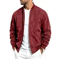 Stylish men's burgundy faux suede bomber jacket with zipper closure and ribbed trim - S / Tops / Red