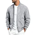 Classic men's grey suede bomber jacket featuring a zip-up front and stylish stand collar - Light Gray