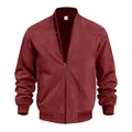 Detailed front view of a premium men's burgundy suede bomber jacket with metal zipper - S / Tops / Jujube Red