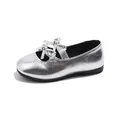 Shiny silver girls' Mary Jane flats with elegant bow detail for autumn fashion. - Size 23 (Inner Length 14.5cm) / Silver