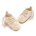 Retro beige knitted baby flat shoes with hollow heart pattern and lace-up design - 12cm / Apricot