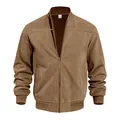 Detail of men's vintage brown suede jacket with full front zipper and ribbed trim - S / Tops / Caramel color