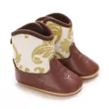 Detail view of stylish brown and gold glitter baby winter boots with soft soles - Gold