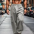 Detailed view of men's retro grey corduroy cargo pants featuring a drawstring waist - S / Bottoms / Gray