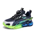 Boys' mesh athletic shoe with rotary dial laces in blue and neon green - 28 / Dark Blue