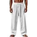 Vista dettagliata dei pantaloni larghi in cotone e lino bianchi con coulisse in vita. - Taglia S / Pantaloni e gonne / Bianco