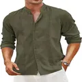 Dettaglio camicia da uomo a maniche lunghe in misto cotone-lino verde oliva con colletto. - Verde militare