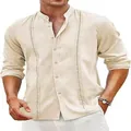 Dettaglio camicia da uomo beige in misto cotone e lino con collo alla coreana e ricamo - Albicocca