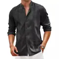 Close-up of black men's cotton-linen shirt with elegant embroidered front panels - S / Tops / Black