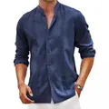 Close-up view of navy blue linen-cotton blend shirt with stand collar and textured stripes - S / Tops / Navy Blue