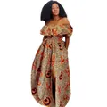 Vestido largo con estampado africano, hombros descubiertos, volantes y abertura - S / Vestidos / Naranja