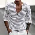 Detailed view of a slim fit navy striped Henley t-shirt in premium pique fabric for men - S / Tops / White