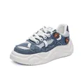 Μοντέρνα denim chunky sneakers με χοντρή λευκή κυματιστή σόλα και καφέ κουμπιά - Λευκό Μπλε