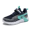 Boys' lightweight breathable flyknit running shoes in navy blue with turquoise accents - 28 / Gray & Mint Green Mesh