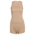 Completo due pezzi beige con canotta a coste e pantaloncini a vita alta aderenti - Kaki