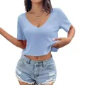 Lichtblauwe dames-top met V-hals en wafelbreisel, korte mouwen, modieus zomer-T-shirt - S / Tops / Hemelsblauw