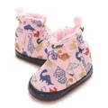 Pink baby snow boots with cartoon dinosaur print and soft comfortable cloth sole - Inner Length 12cm / Pink Dinosaur