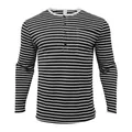 Maglia Henley da uomo a righe bianche e nere con maniche lunghe e tasca in tessuto piqué. - Nero