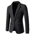 Close-up of men's slim fit houndstooth blazer with classic notched lapel and single button. - M / Tops / Dark Gray
