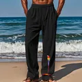 Pantalon décontracté en coton et lin noir pour homme avec imprimé perroquet coloré sur la jambe - Noir