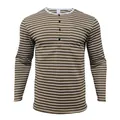 Vista dettagliata della maglietta Henley a maniche lunghe a righe marroni e bianche - Khaki scuro
