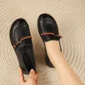Comfortable black soft leather loafers for women, slip-on flat comfort mom shoes with detail - 36 / Black