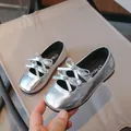 Elegant silver baby girl bow Mary Jane shoes with soft soles and metallic finish - Size 23 (Inner Length 14.5cm) / Silver