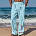 Détail du pantalon bleu clair en coton et lin pour homme avec imprimé perroquet - Bleu clair