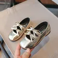 Elegant toddler girl metallic gold Mary Jane flats with bow detail and flexible soft sole - Size 23 (Inner Length 14.5cm) / Gold