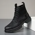 Stylish black men's work boots featuring a knit collar and chunky lug sole in a side view - 39 / Martin Boots (2136-1) / Black