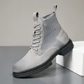 Men's grey British style high-top Martin boots with thick lug sole and lace-up design - 39 / Martin Boots (2136-1) / Gray