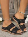 Women's retro black flat sandals with laser-cut floral pattern and double straps - Black