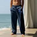 Casual men's navy blue cotton linen pants featuring a stylish light blue palm tree print. - S / Bottoms / Navy Blue