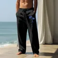 Loose black cotton linen casual pants for men featuring a blue palm tree print detail - S / Bottoms / Black