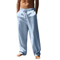 Detalle de pantalón informal de lino para hombre en azul claro con cintura de cordón - Azul claro