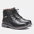 Vue latérale détaillée des bottes d'hiver pour hommes en cuir noir avec doublure chaude. - 41 / Bottes de Neige Extérieures Noires (KD8815)