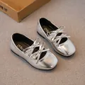 Elegant silver girls' ballet flats featuring chic double bow accents on top - Size 23 (Inner Length 14.5cm) / Silver